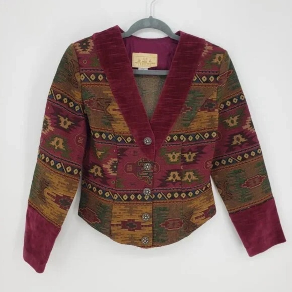 New Frontier Tapestry Jacket 1X‎ Aztec Boho Western Velvet Trim Vintage USA